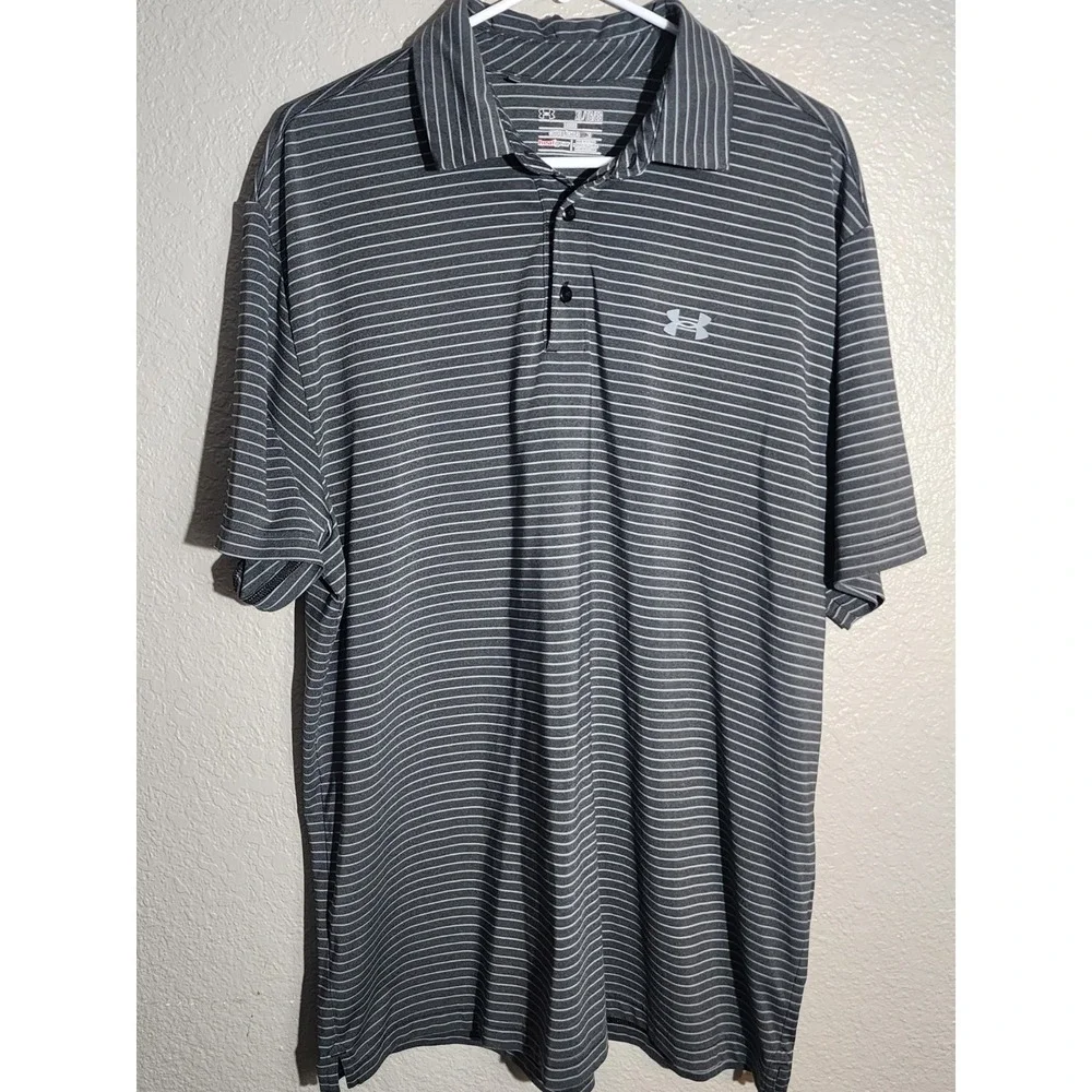 Under Armour Men's Polo Golf Shirt, Gray Stripe, Size XL, Short Sleeve, HeatGear